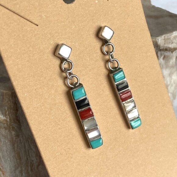 Sterling Silver 925 Multi Gemstone Turquoise Coral MOP Bar Dangle Earrings - Picture 9 of 16